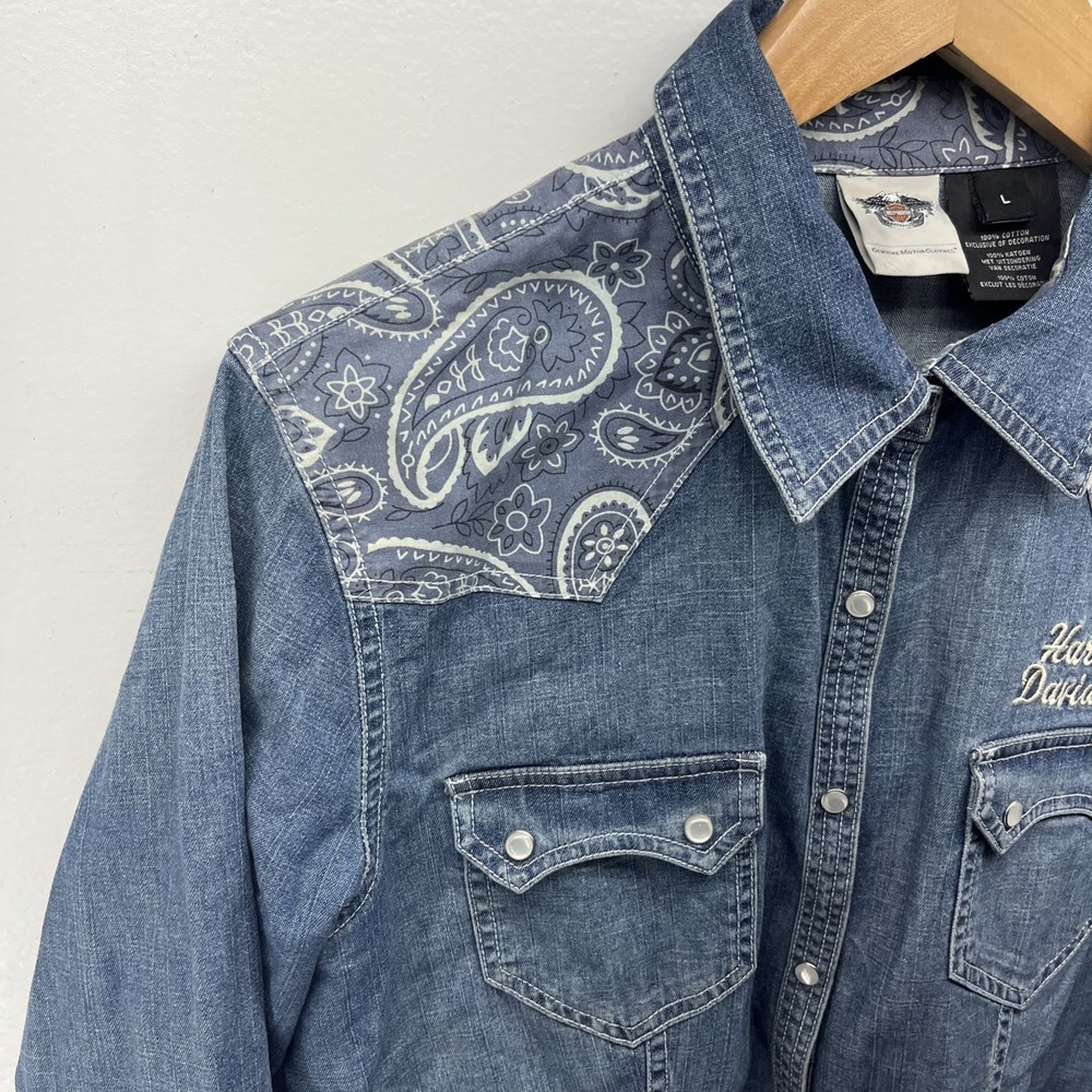 Vintage Harley Davidson Women's Large Pearl Snap Western Long Sleeve Button Up - Picture 3 of 14